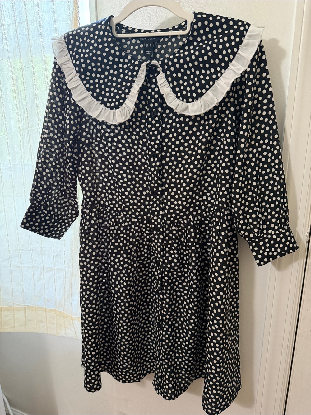 New Look Black & White Polka Dot Ruffle Collar Dress